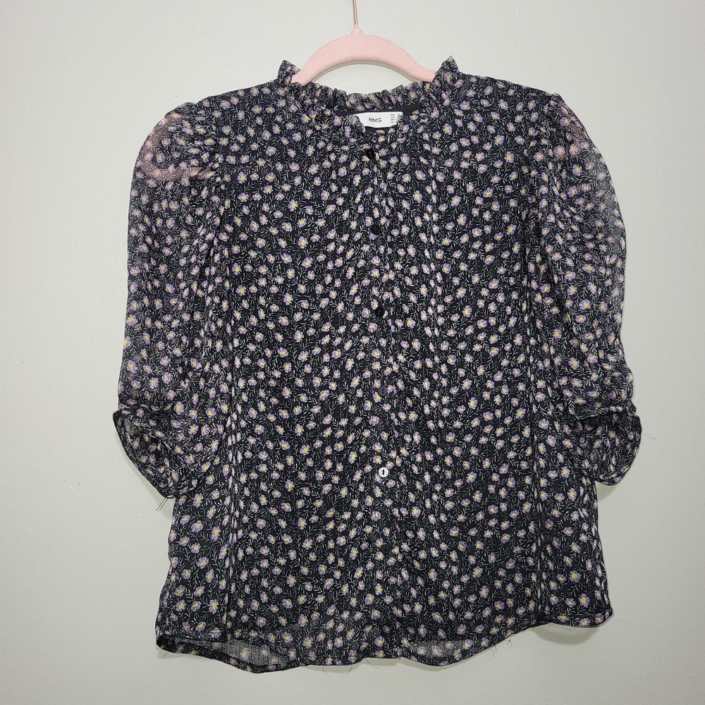 🍒 MNG by Mango Cottagecore Floral Button Down Top Sheer Puff Sleeve XS